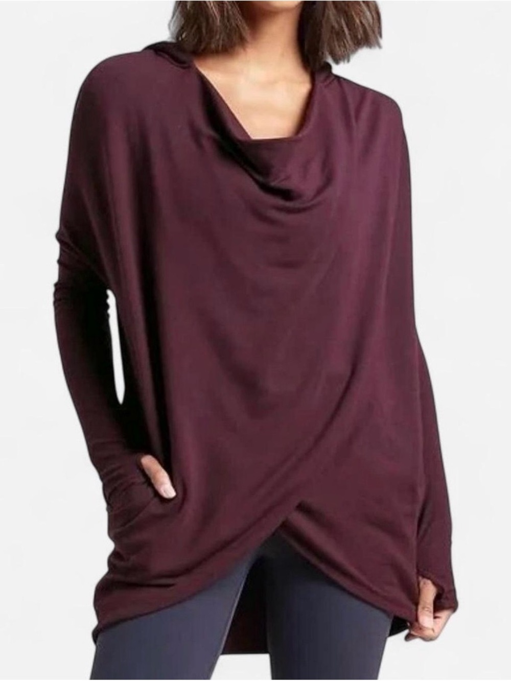 Athleta Purana Wrap Long Sleeve Sweater Top Burgundy Pockets Hood Size Small